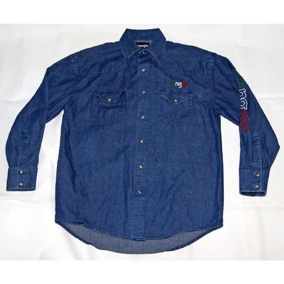 Wrangler Men's Long Sleeve Button Front Western Denim Spellout Shirt Size Medium - Picture 3 of 10